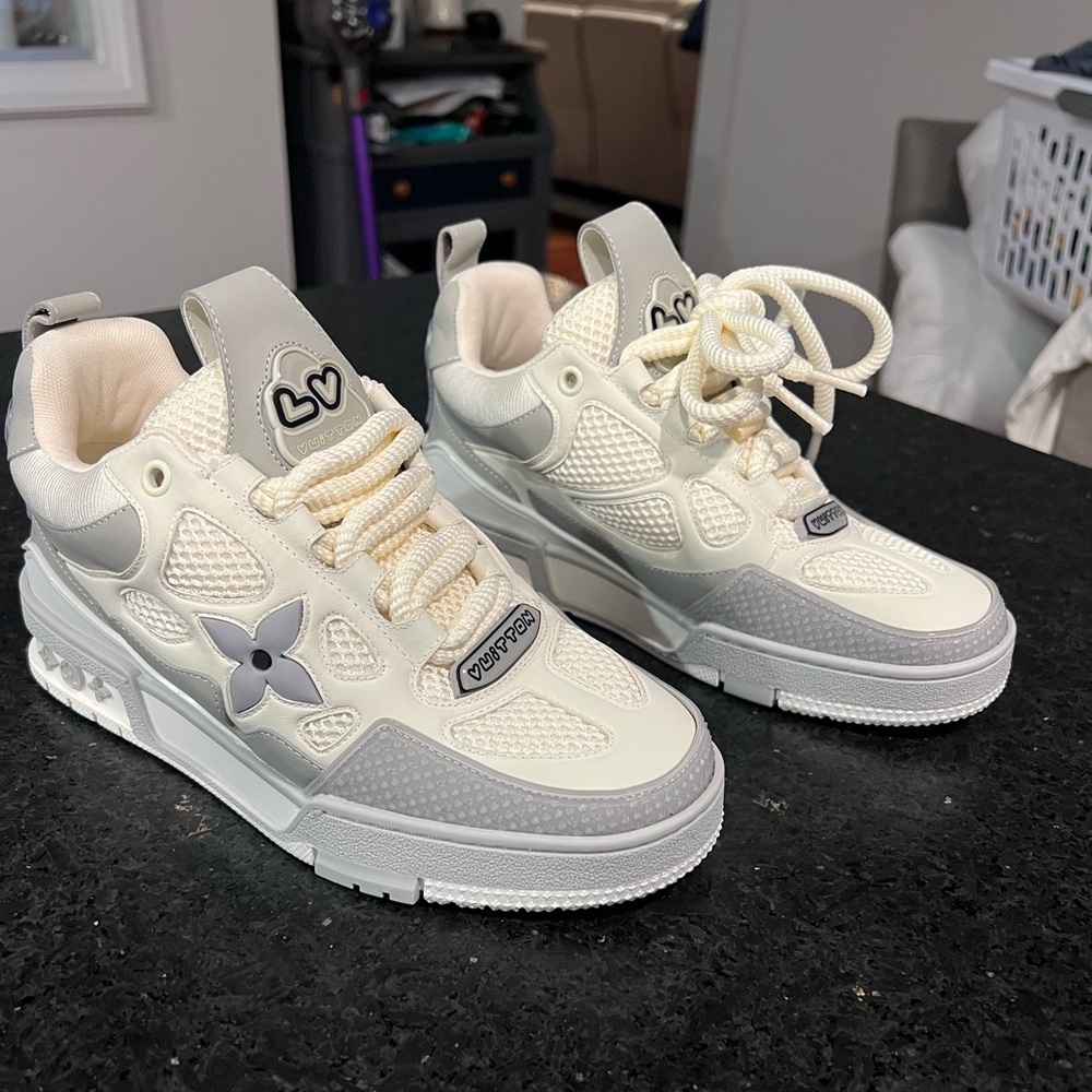 Cream and Gray Sneakers with Heart and Flower Design